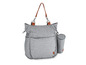 Un sac à langer gris avec un porte-bouteille isotherme assorti.