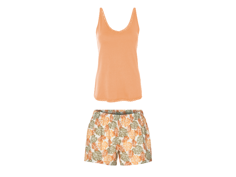 Pyjama femme : débardeur orange et short à motif tropical.