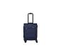 Valise de voyage bleue avec poignée télescopique et quatre roues.