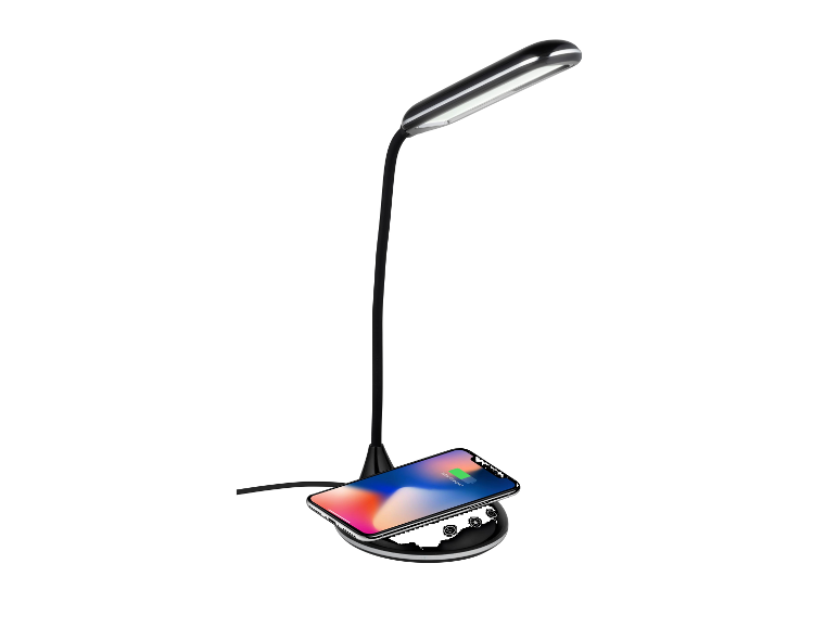 Lampe de bureau moderne avec chargeur sans fil pour téléphone.