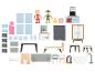 Meubles et accessoires pour maison de poupée, y compris un canapé, un lit, une cuisine et une salle de bain.