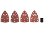 Quatre feuilles de ponçage triangulaires perforées et un adaptateur cylindrique noir.
