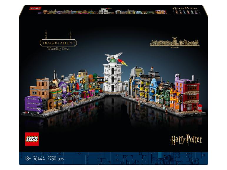 Ensemble LEGO Harry Potter Diagon Alley de 2750 pièces, représentant des boutiques et un dragon.