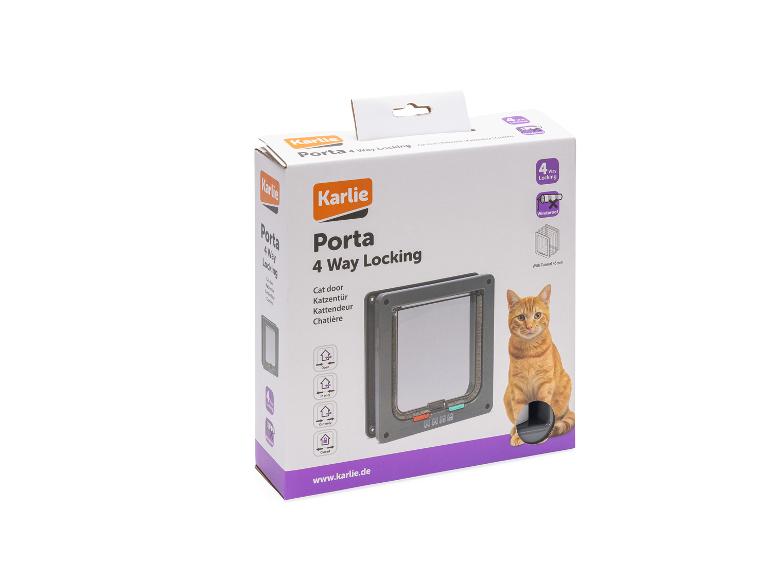 Boîte de chatière avec une chatière et un chat roux, montrant les fonctions de verrouillage à 4 voies.