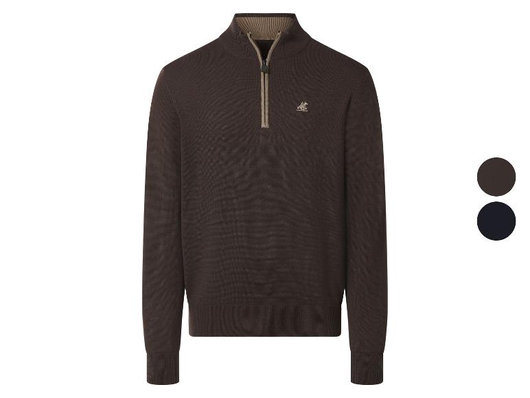 Pull en maille marron avec fermeture éclair et col montant, avec logo brodé.