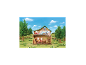 Cabane dans les arbres avec figurines d'animaux, entourée d'arbres et de fleurs.