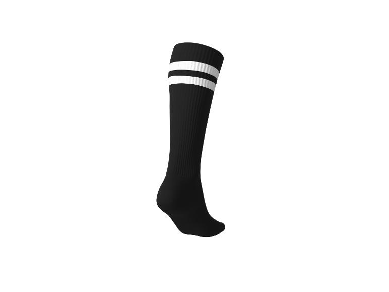 Chaussettes montantes noires avec deux rayures blanches en haut.
