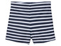Un short de bain bleu et blanc à rayures.