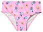 Slip de bain rose avec imprimé de personnages de dessins animés bleus et oranges.
