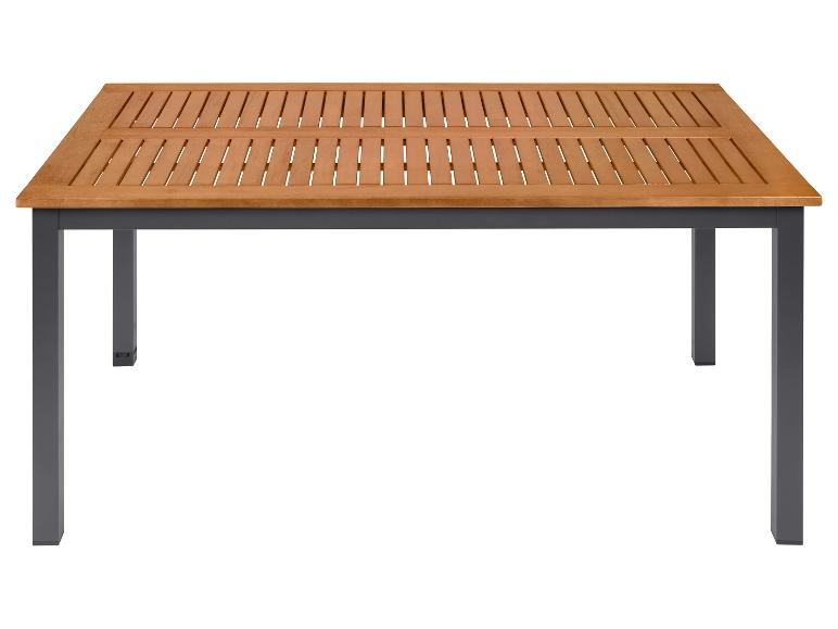 Table de jardin en bois et métal : plateau en lattes.
