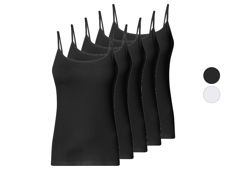 Six débardeurs noirs à fines bretelles avec des bretelles fines et deux échantillons de couleur.