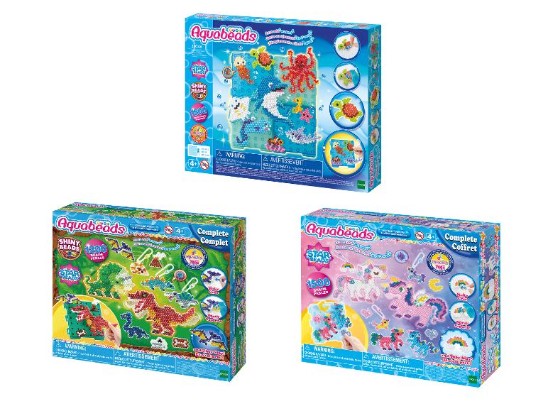 Trois ensembles de perles d'eau sur les thèmes marin, dinosaure et licorne.