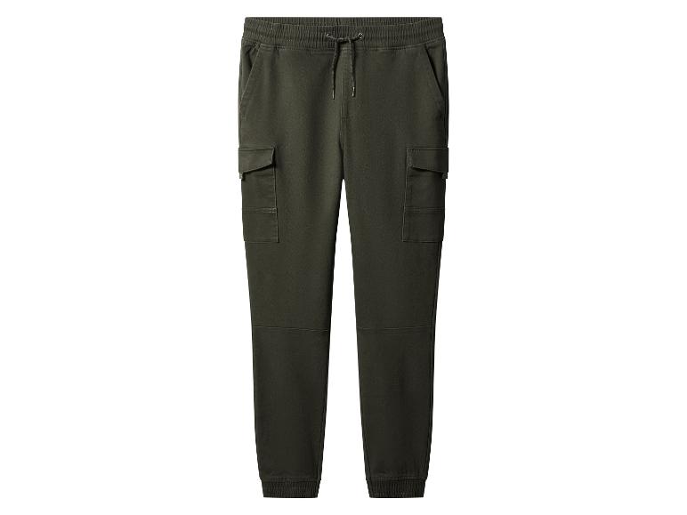 Pantalon cargo vert foncé avec cordon de serrage à la taille et poignets élastiques.