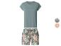 Ensemble de pyjama femme avec un t-shirt uni sarcelle et un short fleuri, avec deux options de couleur.