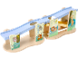 Circuit de billes en bois avec supports à thème animal, piste bleue et base en bois naturel.