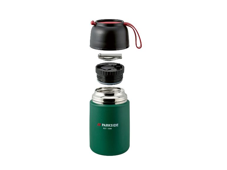 Thermos alimentaire vert démonté avec bouchon noir et cuillère argentée.