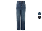 Jeans taille haute en bleu foncé et noir.