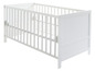 Lit bébé en bois blanc avec barreaux.