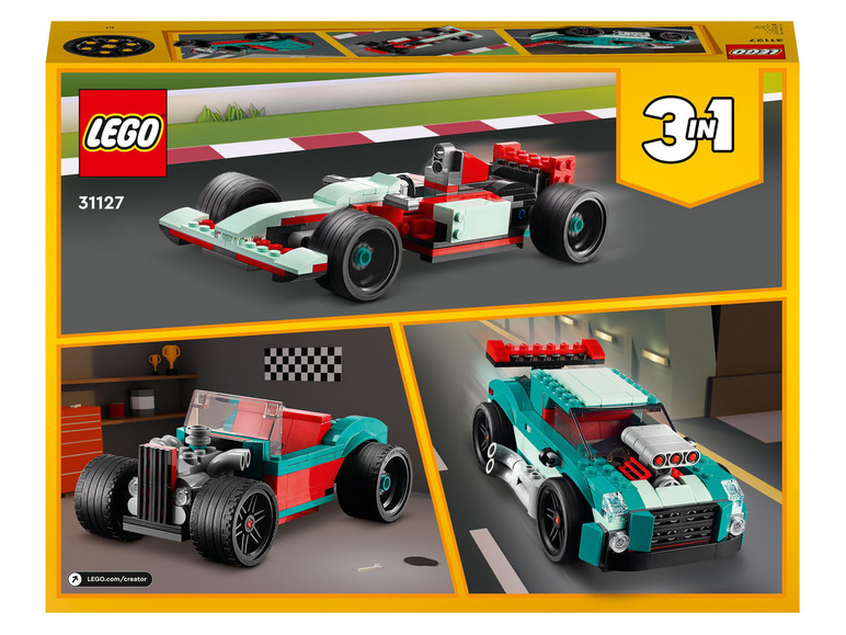 LEGO 3-en-1 avec une voiture de course, un hot rod et une voiture de sport.