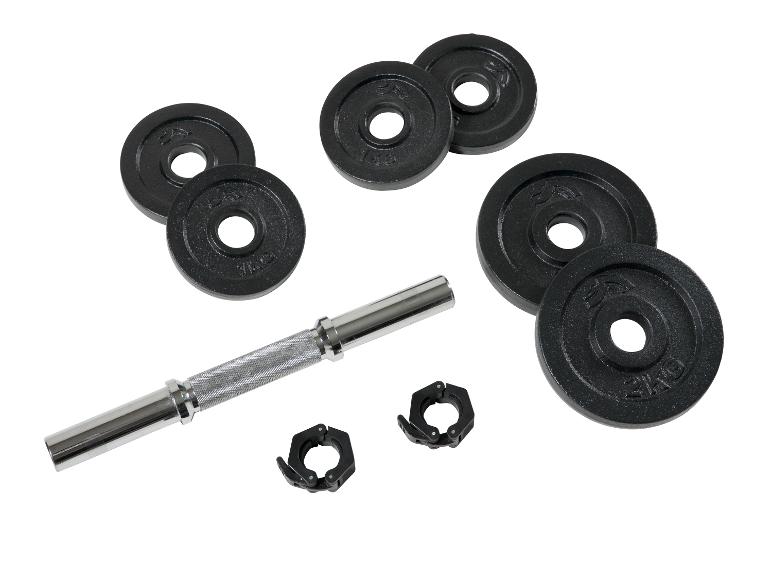 Ensemble d'haltères avec disques de 1 kg et 2 kg, barre et colliers.