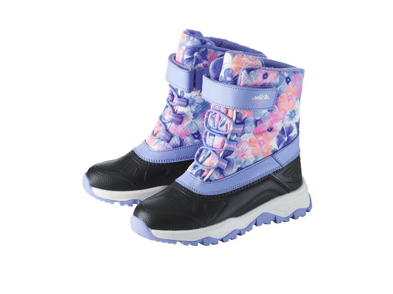 Une paire de bottes de neige pour enfants à motifs floraux violets et roses.