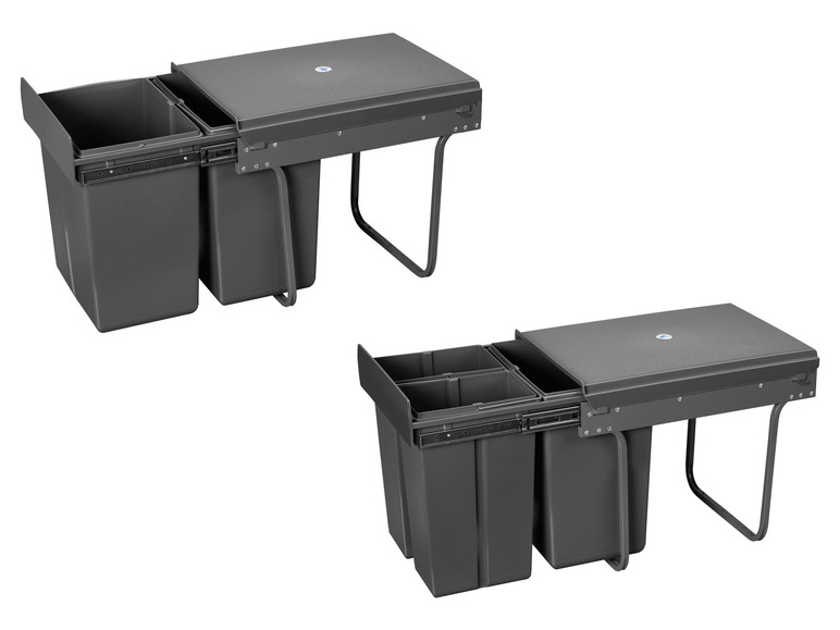Deux ensembles de trois poubelles grises avec couvercle pour la cuisine.