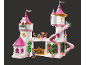 Château de jouet blanc et rose avec des figurines et un portail doré.