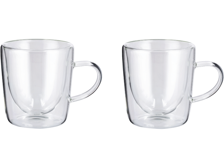 Deux tasses en verre à double paroi avec poignées