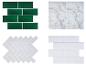 Quatre panneaux de carreaux autocollants : vert, marbre blanc, chevrons blancs et métro blanc.