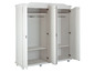 Une armoire blanche avec des portes ouvertes, avec des étagères et une barre pour suspendre.
