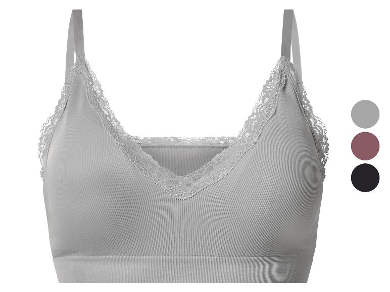 Bralette côtelée grise avec dentelle et options de couleur : gris, prune et noir.