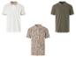 Trois polos : blanc cassé, vert olive et beige à motifs tropicaux.