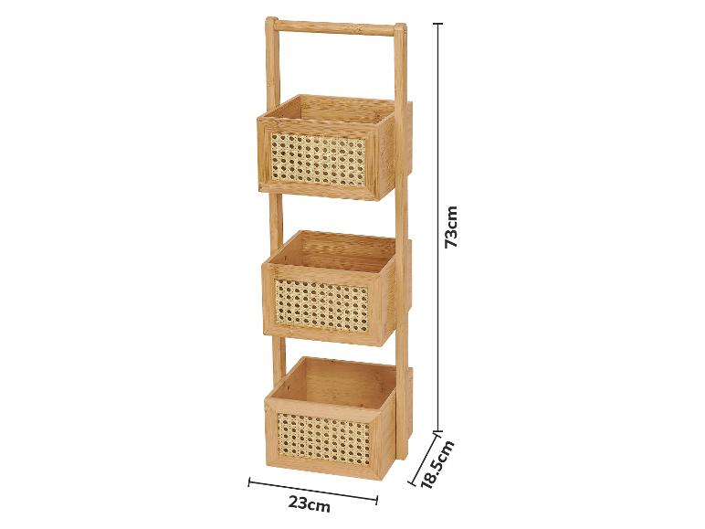 Étagère de rangement suspendue en bambou avec trois paniers à façade en rotin, mesurant 73x23x18,5cm.