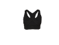 Brassière de sport noire avec dos nageur et logo discret.