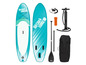 Un paddleboard gonflable avec des accessoires, y compris une pompe, une pagaie et un sac à dos.