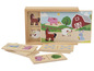 Un jeu de dominos en bois sur le thème de la ferme avec des images d'animaux et de nombres.