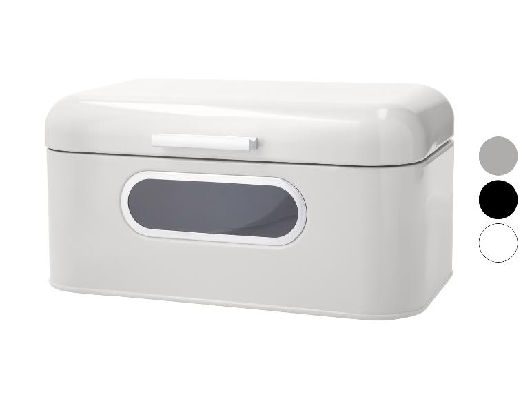 Boîte à pain gris clair avec fenêtre transparente et poignée, présentée avec des échantillons de couleurs.