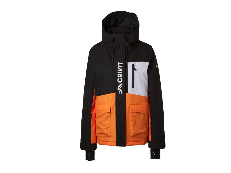 Veste de ski homme noire, orange et blanche avec capuche et poches.