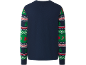 Dos d'un pull de Noël bleu marine avec des manches à motifs.