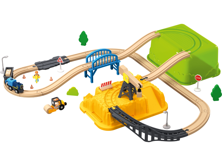 Ensemble de train en bois avec train, véhicules de construction et ponts.