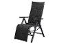 Chaise longue de jardin noire et pliable avec dossier et repose-pieds réglables.