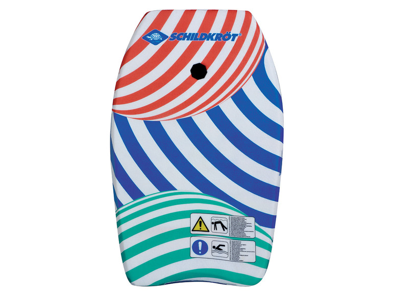 Un bodyboard Schildkröt avec des rayures rouges, bleues et vertes.