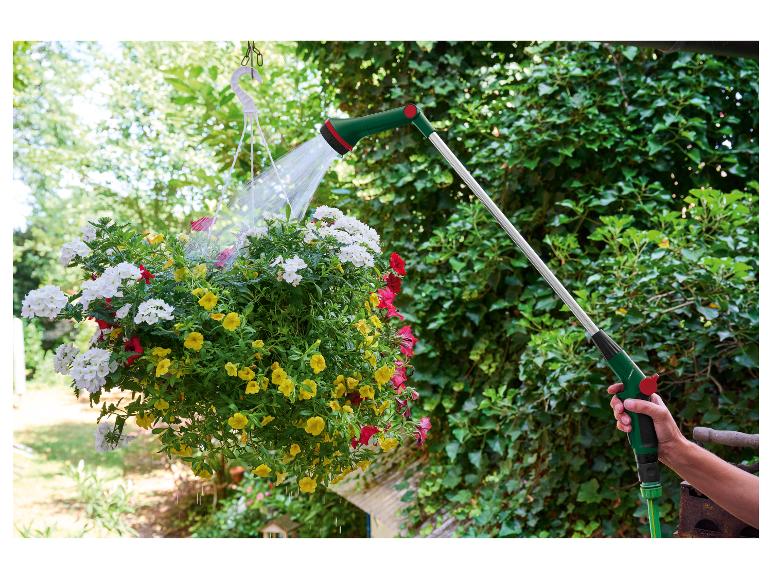Arrosage d'une jardinière suspendue avec des fleurs colorées, à l'aide d'une lance d'arrosage Parkside