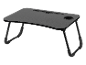 Table pliable noire pour ordinateur portable avec porte-gobelet.
