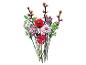 Un bouquet de fleurs en briques de construction, avec des fleurs rouges, roses, blanches et violettes.