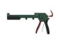 Un pistolet à silicone vert avec des poignées rouges.