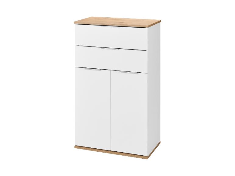 Armoire blanche avec deux tiroirs et deux portes, avec des détails en bois clair.