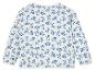 Veste matelassée à fleurs bleues sur fond blanc.