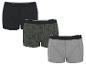 Lot de trois boxers en coton pour hommes : un noir, un à motif palmiers et un gris.