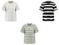 Trois t-shirts : un blanc, un rayé noir et blanc, et un rayé vert et blanc.